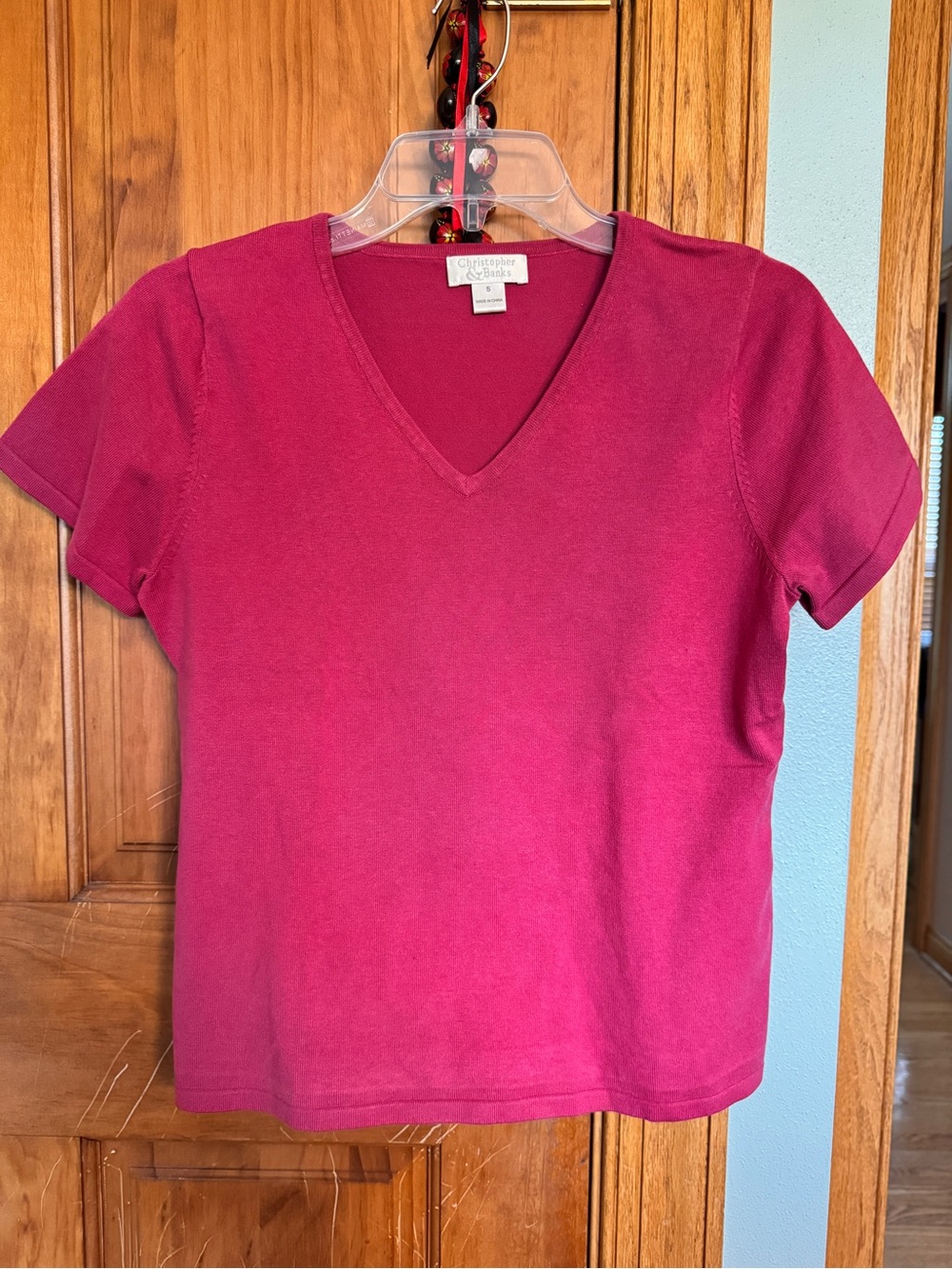 Christopher & Banks Short Sleeve V-Neck Top - Raspberry Pink